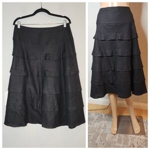 Talbots 100% linen black tiered a-line midi skirt size 10